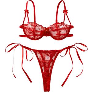 Lilosy Sexy Tie Side Cute Underwire Push Up Strappy Embroidered Mesh Sheer Lingerie Set (Small, Bow Pattern Red)
