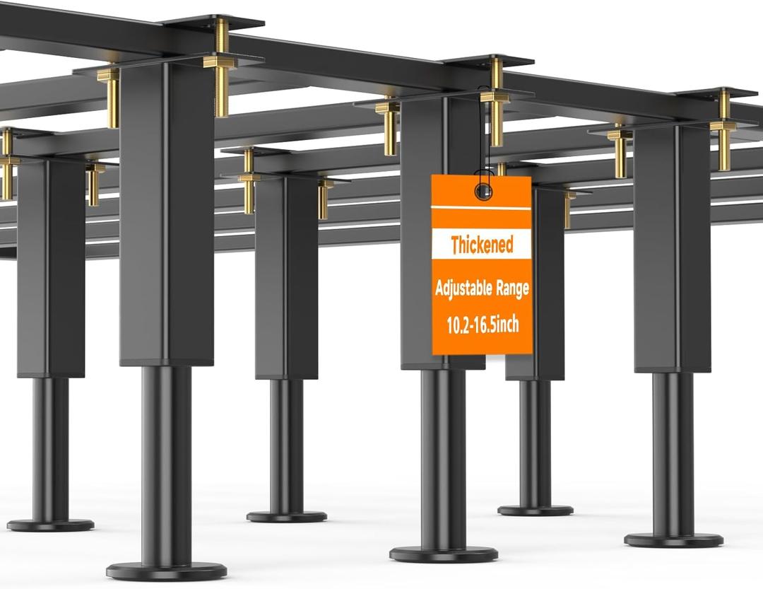 6 PCS Adjustable Height Bed Support Legs, Heavy Duty Metal Bed Frame Support Legs, 10.2-16.5 inch Furniture Risers Replacement with Non-slip Base for King Queen Slats/Furniture/Table/Couch/Sofa/Dresser