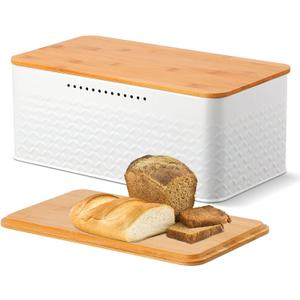 Phyllia Bread Box, Metal Bread Storage Container with Bamboo Lid Usable as Cutting Board, Breadbox Holder for Kitchen Countertop, 13 x 7 x 5.3 inch (White)