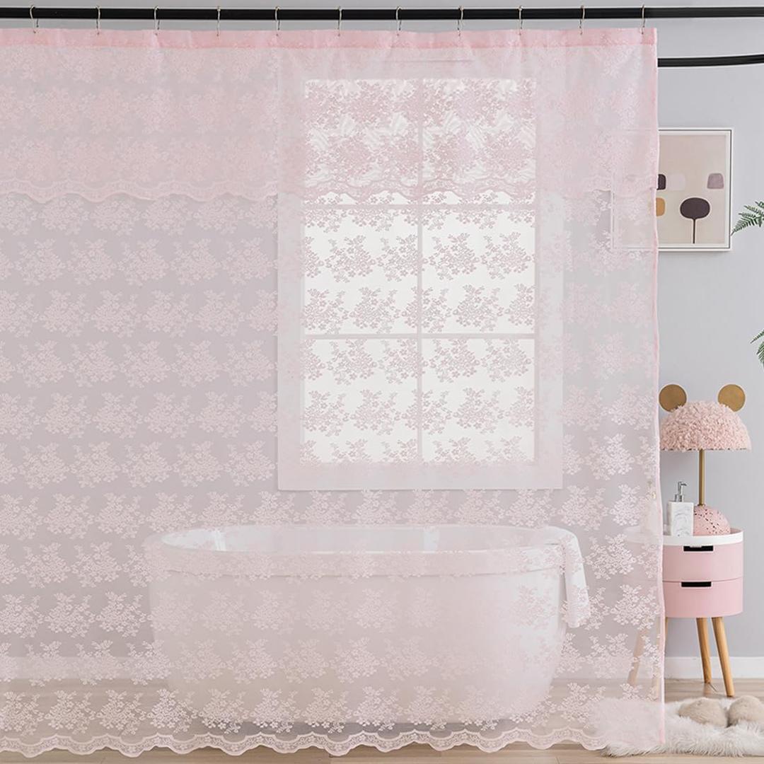 Pink Lace Shower Curtain Long 84 Inch with Attached Valance, Floral Cute Girly 72x84 Inch Shower Curtain for Bathroom Modern Farmhouse Boho Bathroom Curtains, 72W x84 L, Pink