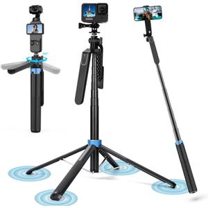 71" 4-Leg Selfie Stick Tripod for GoPro/Osmo Pocket 3/insta360/iPhone/Android, Cell Phone Tripod Stand with Remote & 360 Rotation Pan-Handle for Travel Vlogging Video Recording
