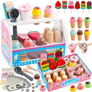 Ice Cream Play Set, Wooden Ice Cream Toy, Wooden Play Food, Ice Cream Shop Playset, Pretend Play Toys for Toddlers, Kitchen Toys Gift for Girls Boys 3 4 5 6 Year Old
