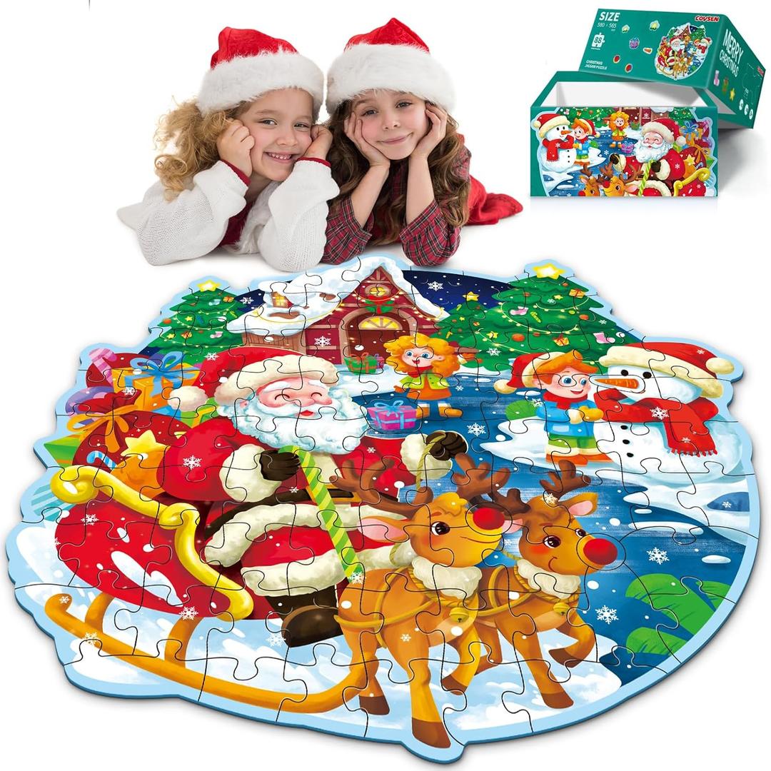 Christmas Floor Puzzle for Kids Ages 3-5 & 4-8, 88 Piece Blue Cardboard Jigsaw Puzzles for Kids, Learning Educational Toys Birthday, for 3 4 5 6 Year Old Girls & Boys