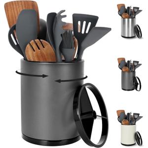Extra Large Kitchen Utensil Holder - 360 Rotating Stainless Steel Cooking Utensil Holder for Countertop, 3 Compartment Flatware Organizer & Utensil Caddy with Removable BaseGrey Extra Large Kitchen Utensil Holder - 360 Rotating Stainless Steel Cooking Utensil Holder for Countertop, 3 Compartment Flatware Organizer & Utensil Caddy with Removable BaseGrey