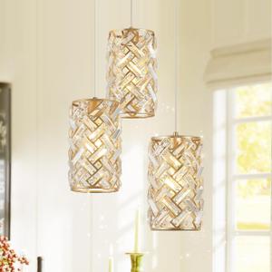 3-Light Modern Gold Crystal Pendant Light Luxury Mini Chandelier, Adjustable Cluster Pendant Lighting for Kitchen Island Dinning Room Bedroom Hallway Porch