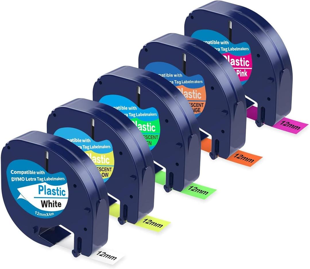 5 Pack Compatible with Dymo Letratag Refills Replacement for Dymo Label Maker Refills 12mm x 4m(1/2" x 13') Colored Plastic Label Tape for Letra Tag LT 100H 100T QX50 Handheld Label Maker Tape Refill (Black on White/Fluorescent Yellow/Green/Orange/Neon Pink)