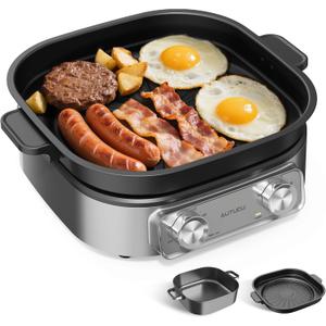 6-Quart Electric Skillet with Grill | Non-Stick PFOA-Free Ceramic-Coated Pot, 1600W, Timer & 3 Power Settings for Steak, Egg, Ramen (Includes Tongs) Pot & Grill