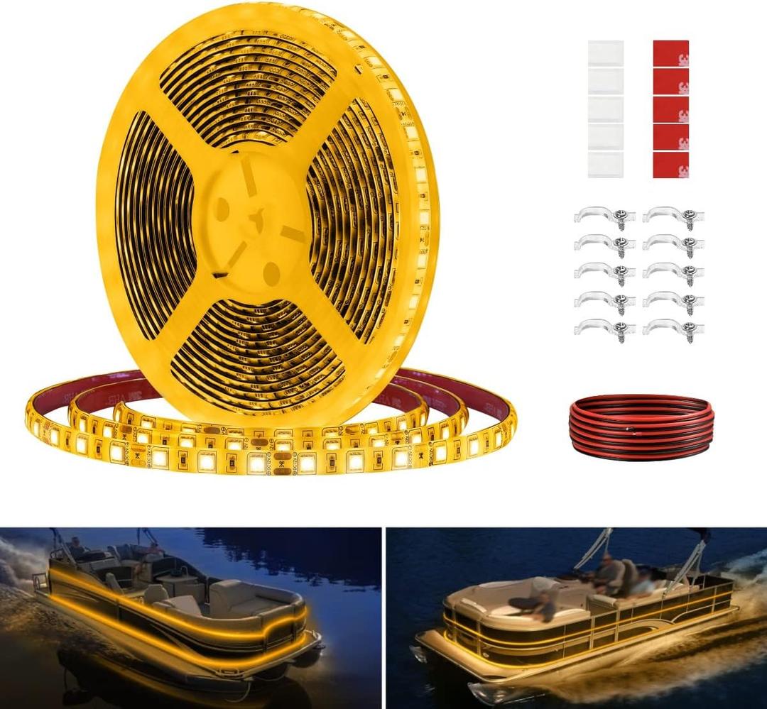 Pontoon LED Strip Lights, 12V 5M/16.4FT Waterproof Marine LED Light Boat Interior Lights, Boat Deck Light for Pontoon Fishing Boats, Extension Cable Included (Amber)