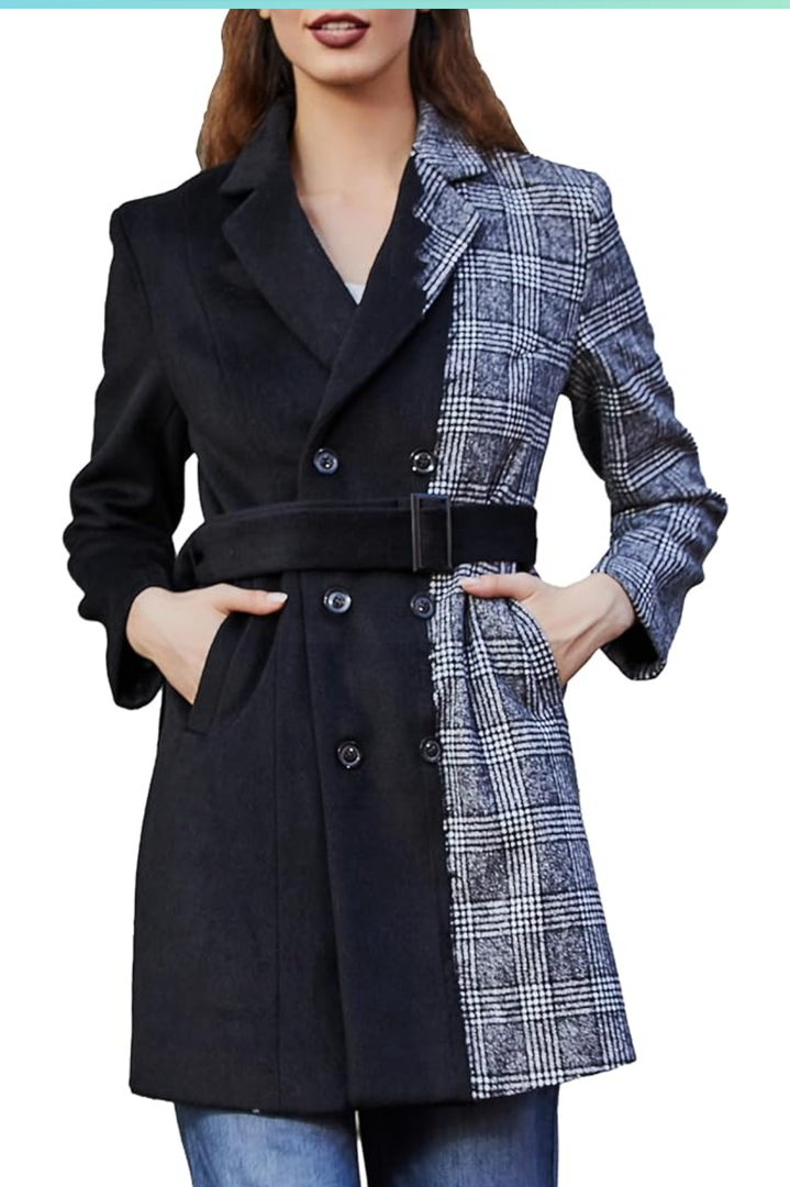 S·DEER Womens Coat with Plaid Patch Style, Wool Blend Winter Coat, Mid-Length Belted Notched Lapel Collar Coat M