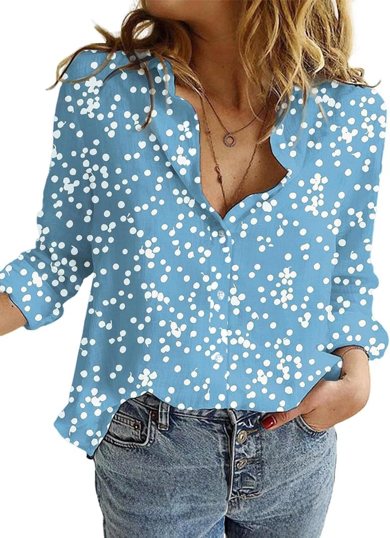 Dokotoo Women's Casual V Neck Alicia Floral Print Roll Up Long Sleeve Chiffon Button Down Blouses Bohemian Top Shirts (Blue, M)