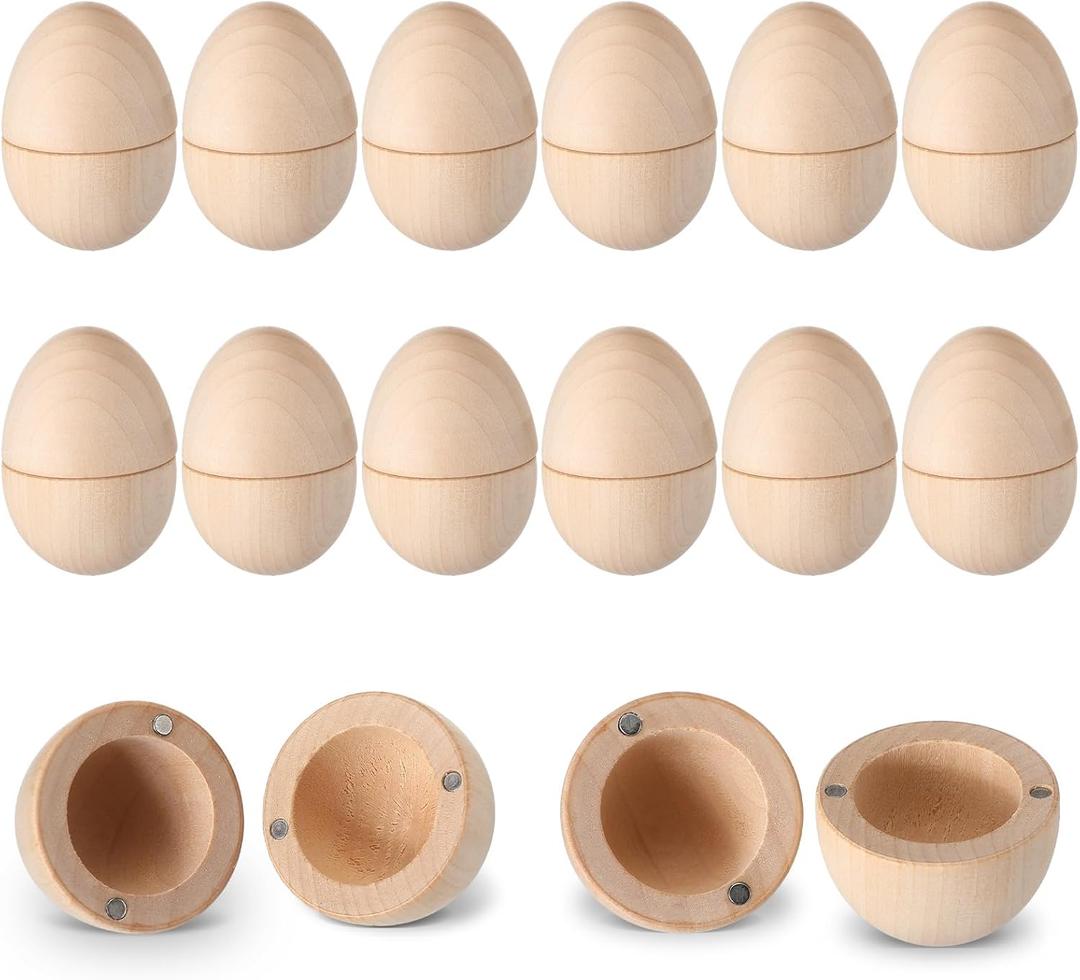 Gemscream 12 Set Easter Magnetic Wooden Eggs Fillable Hollow Wood Eggs 2.4 x 1.8 Inches Easter Basket Stuffers for Holiday Hunt Party Supplies Decor Craft(Natural Color)