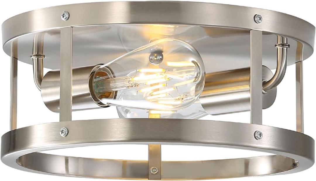 2-Light Industrial Flush Mount Ceiling Light Fixture,Brushed Nickel Farmhouse Ceiling Light Fixture,Modern Light Fixtures Ceiling Mount for Kitchen Bedroom Living Room Hallway 1 Pack (Silver)