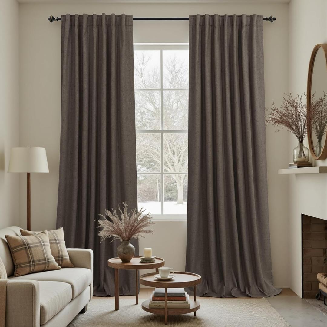 KOUFALL Brown Curtains Blackout 2 Panels,Dark Chocolate Linen Pleated Black Out Thermal Insulated Curtains for Winter Bedroom Living Room 84 Inch Long