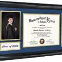 GMFrames Class of 2025 2026 Diploma Frame with Tassel Holder for 8.5x11 Certificate and 5x7 Photo,Solid Wood,Tempered Glass,Navy over Gold Mat, 12x21 for 8.5x11, 5x7 with Tassel