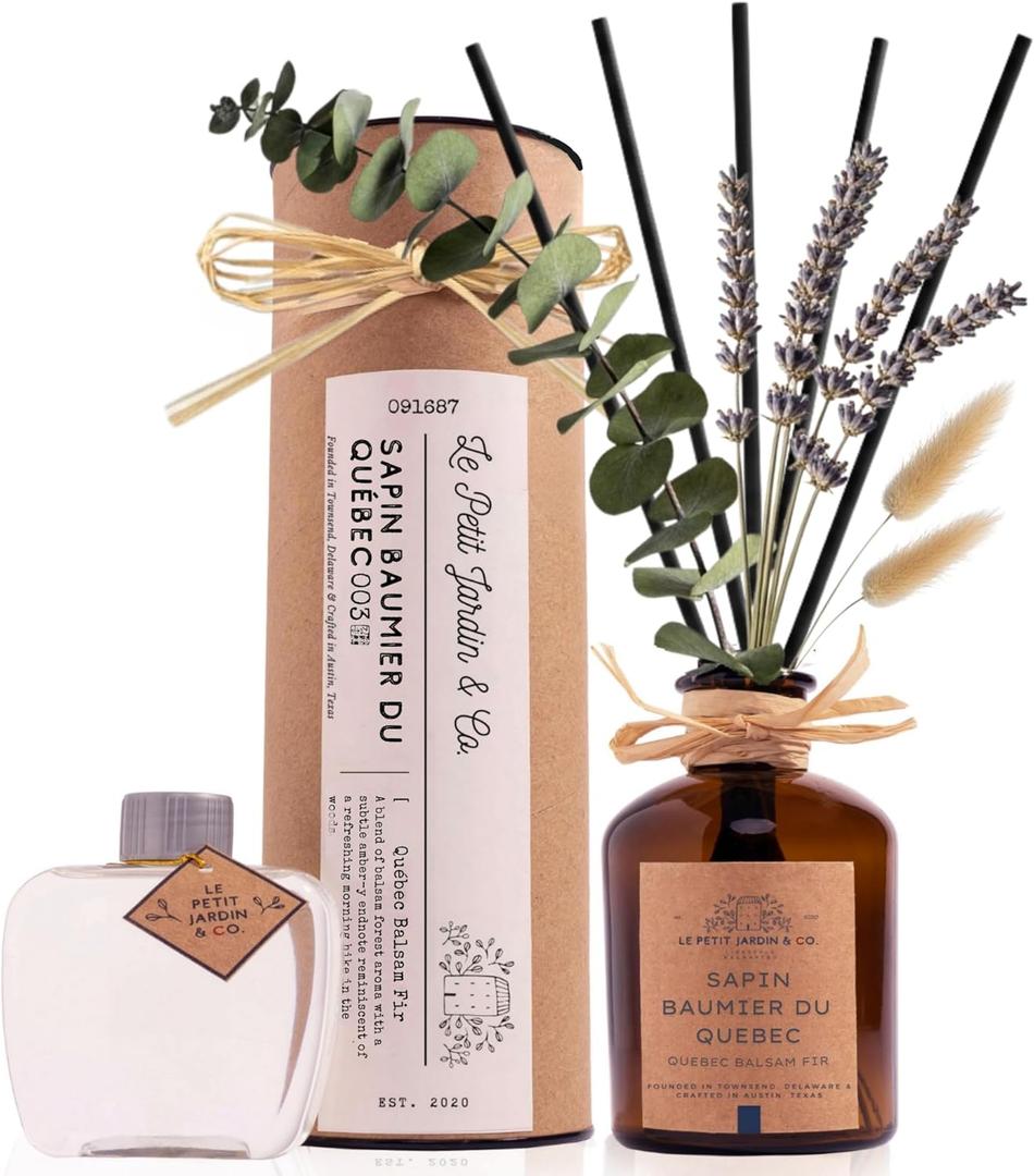 Reed Diffusers - Oil Sticks Diffuser Set with Real Dried Flowers - Reed Diffusers for Home, Bathroom & Office | Air Freshener Fragrance Sticks for Shelf Decor & Gifts by Le Petit Jardin & Co. (Lavender & Eucalyptus)