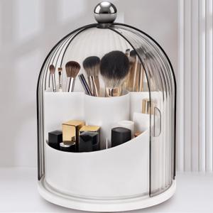 Makeup Brush Holder with Lid 360 Rotating Clear Dustproof Make Up Organizers for Vanity Bathroom Countertop, Transparent