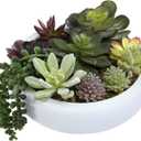 MyGift 8 Inch Round Modern Artificial Succulent Arrangement Potted in White Concrete Plant Bowl, Assorted Faux Mini Succulents in a Decorative Planter Pot