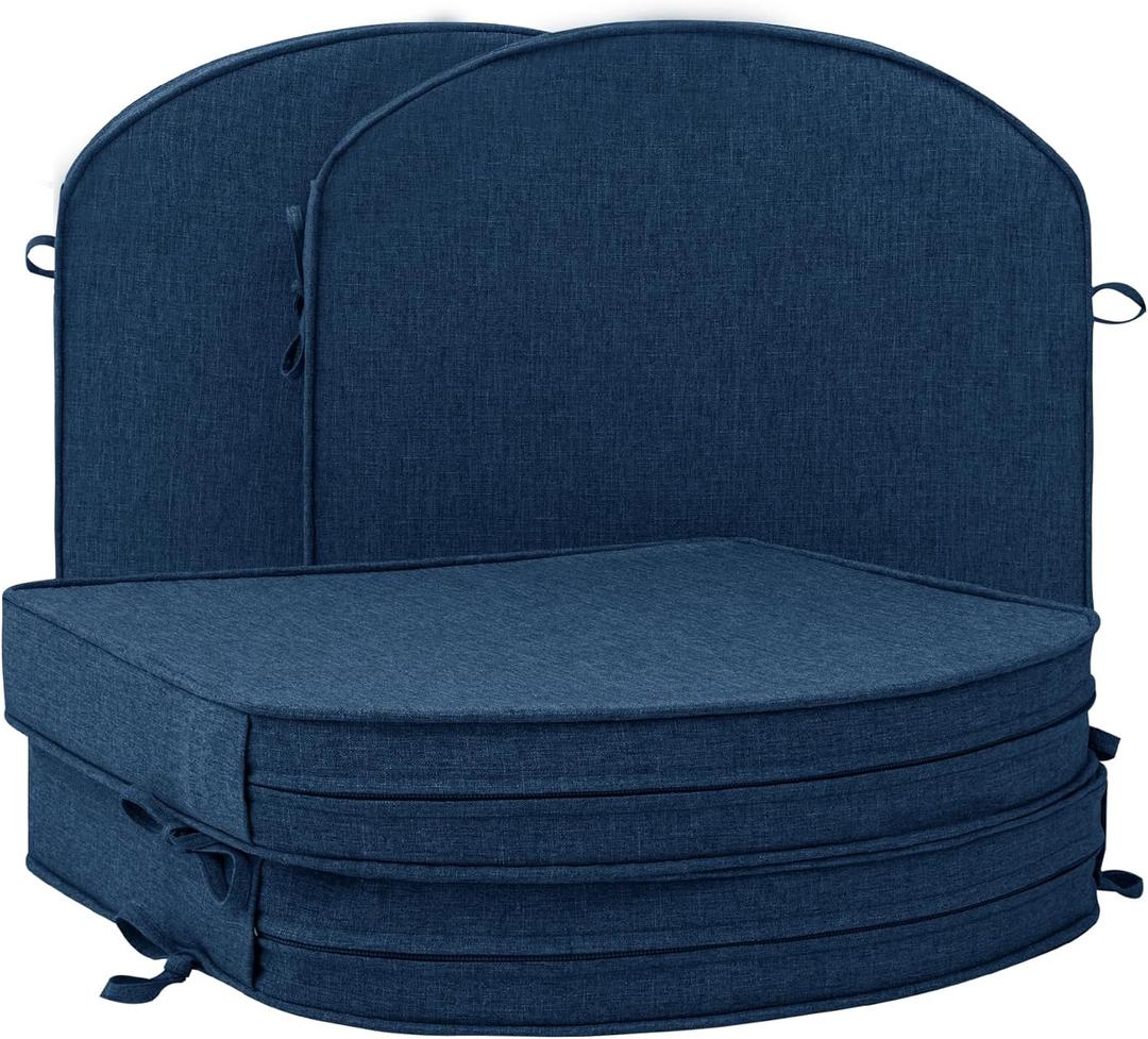 Outdoor Chair Cushions, Fade-Resistant & Water-Resistant, D Shaped Patio Furniture Seat Chair Pads Replacement with Ties, Non-Slip Bottom, Removable Cover, Set of 4, 17 x 16 Inch, Navy Blue