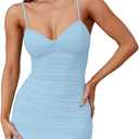 Mokoru Women's Sexy Ruched Bodycon V Neck Mini Dress Sleeveless Spaghetti Strap Club Party Short Dresses (Baby Blue), S