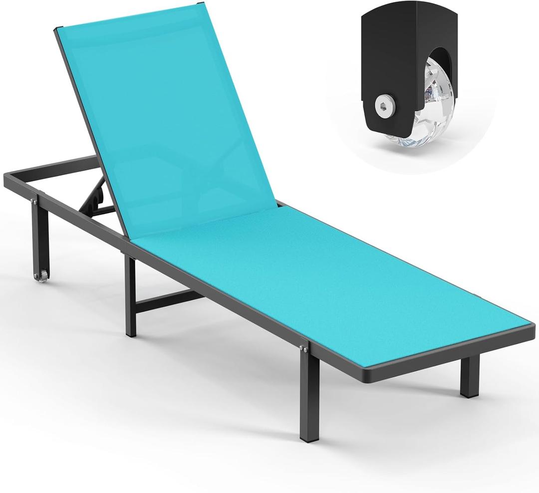 Lounge Chair Outdoor with Wheels, Aluminum Chaise Lounge Outdoor Chair with 5 Adjustable Backrest - Easy to Move- Pool Lounge Chairs for Patio, Poolside (Lakeblue)
