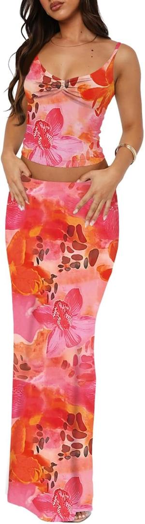 Two Piece Skirt Set for Women - Sexy Sleeveless Spaghetti Strap Pleated Tank Top Maxi Long Skirts Sets (M)