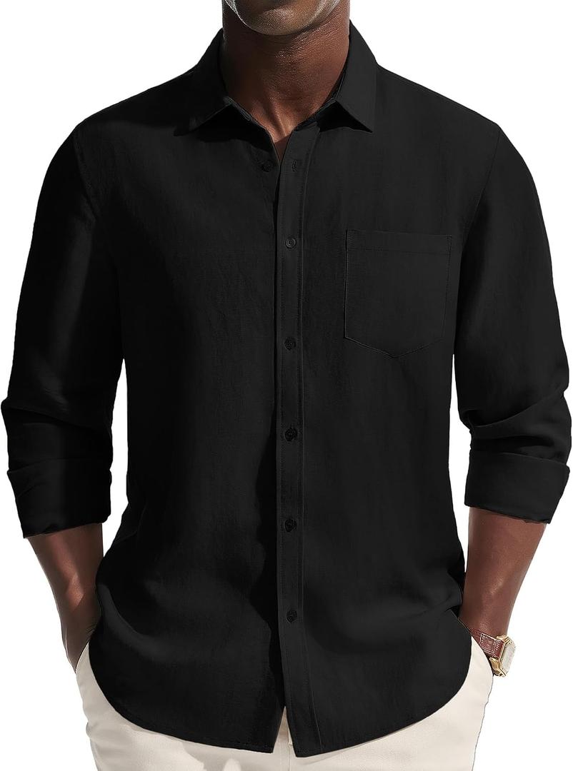 PJ PAUL JONES Men's Casual Button Down Shirts Long Sleeve Linen Beach Wedding Shirt Summer Vacation Shirt for Men, M