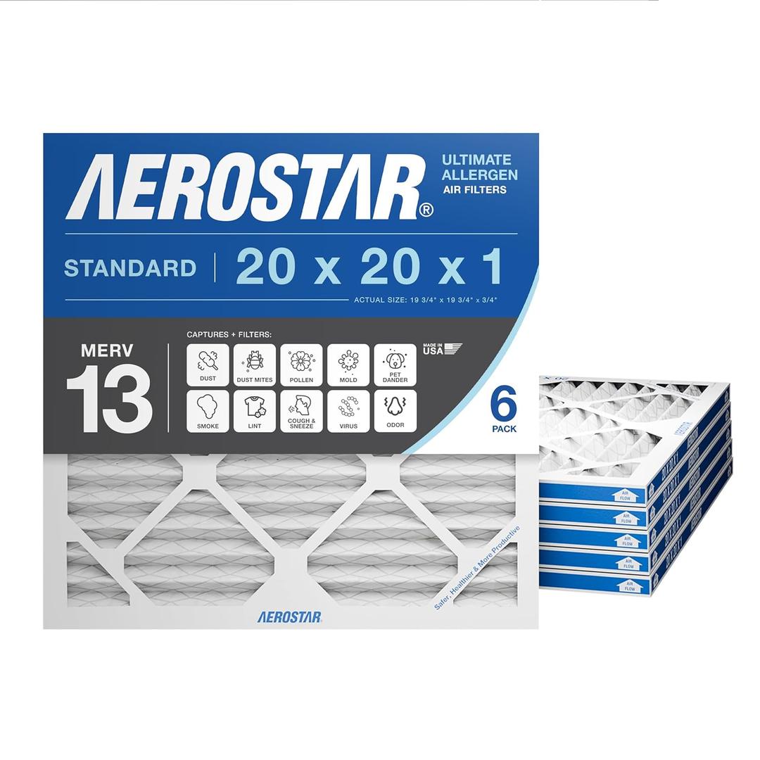 Aerostar 20x20x1 MERV 13 - 6 Count - Pleated HVAC, Furnace & Air Conditioner Filters - Removes Bacteria, Dust, Cold & Flu Germs, Lint, Mold, Pet Dander, Allergy-Causing Pollen, Smog, Smoke & Viruses