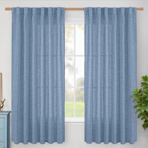 BGment Blue Linen Curtains 63 Inches Long for Living Room Windows, Semi Sheer Drapes Light Filtering with Rod Pocket Back Tab for Bathroom Bedroom, 2 Panels Set, 52 Inch Wide