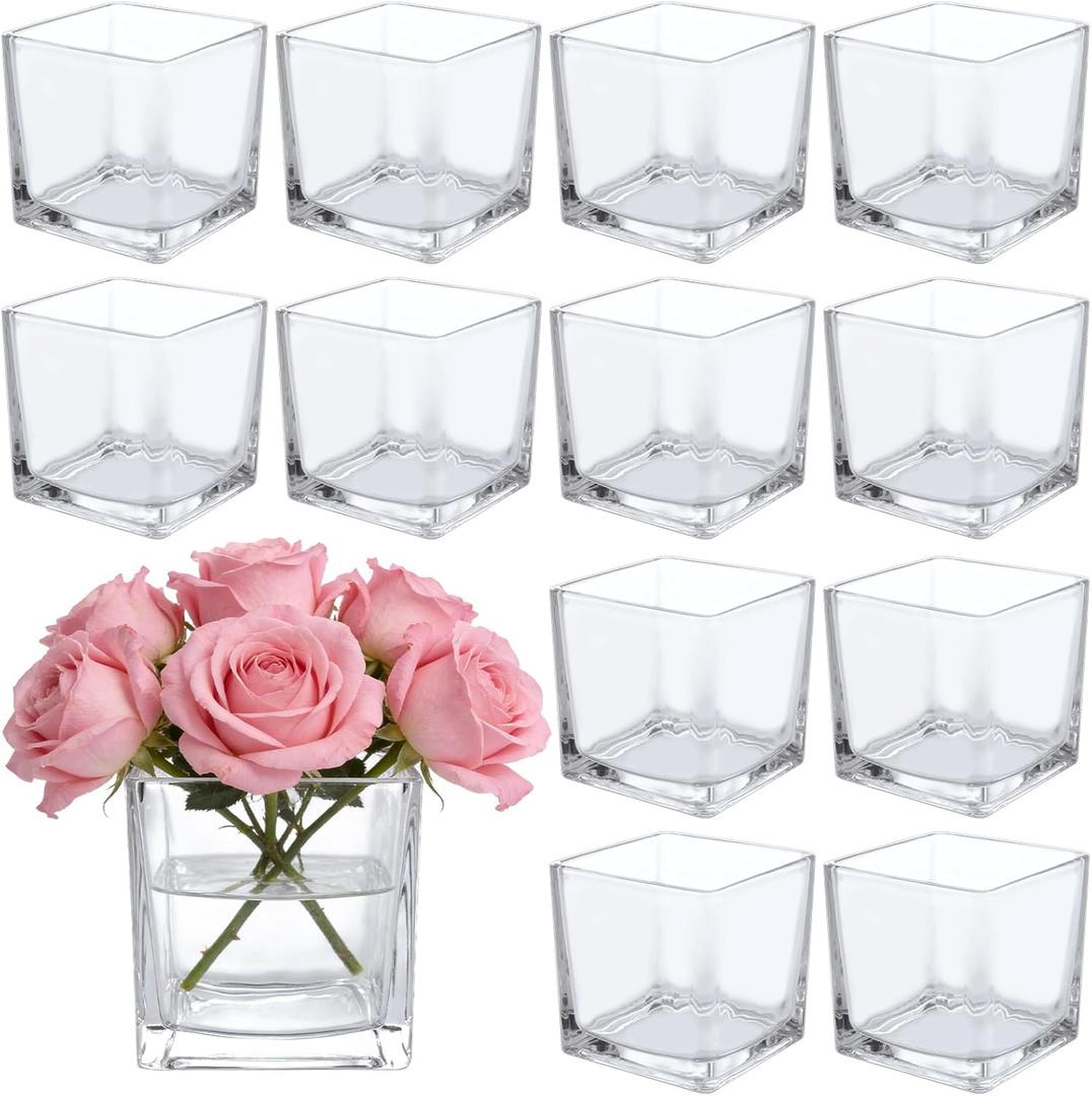 12 Pack 3 x 3 x 3 Inch Square Glass Vases, Clear Square Vases for Centerpieces, Glass Cube Flower Vases Short Vases for Candle Holder Events Wedding Party Home Decoration
