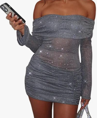 Uni Clau Women Sexy Off Shoulder Sparkly Mini Dresses Long Sleeve Bodycon Ruched Y2K Dress Mesh Birthday Party Club Dress Large