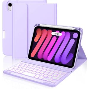 Cousper for iPad mini 7 Keyboard Case A17 Pro 2024/ iPad Mini 6 Generation Case with Keyboard 2021 8.3 Inch, Pencil Holder, 7 Color Backlit Detachable Keyboard Cover for iPad mini 7th/ 6th Gen, Purple