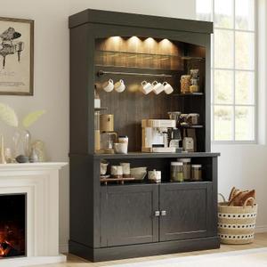 GarveeHome Coffee Bar Cabinet with LED Lights 72" Tall Buffet Cabinet with Storage Farmhouse Kitchen Sideboard Tall Coffee Hutch with Microwave Stand/Wine Rack/Glass Shelf Dining Room (Black Oak)