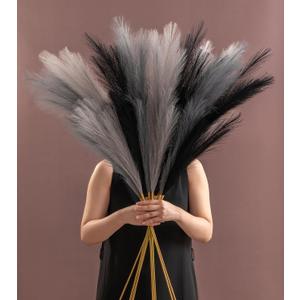 SeptCat 9 Pcs 45" Faux Dried Pampas Grass Tall Decor, Fluffy Fake Long Pompas Artificial Black Grey Gray Pompous Stems Bouquet Flower Arrangement Vase Filler for Boho Home Wedding Decoration
