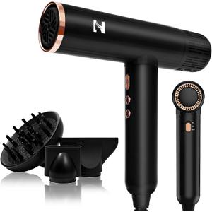 Nicebay Hair Dryer, Ionic Blow Dryer with Diffuser, 1600W &110000RPM High-Speed Brushless Motor for Fast Drying, Lock Function, Constant Temperature, Lightweight (Black & Gold)