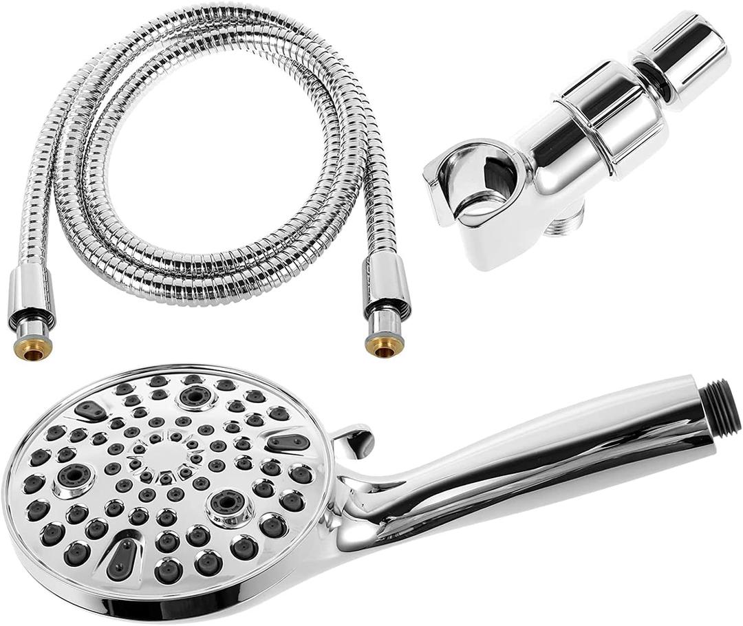 HONTIN Pretty High Pressure Shower Head 10-Mode Handheld Showerhead Water Rain Shower Head with Built-in Power Wash 59 Inch Hose and Bracket for Bathroom Adults Children Pets Showering(silver)