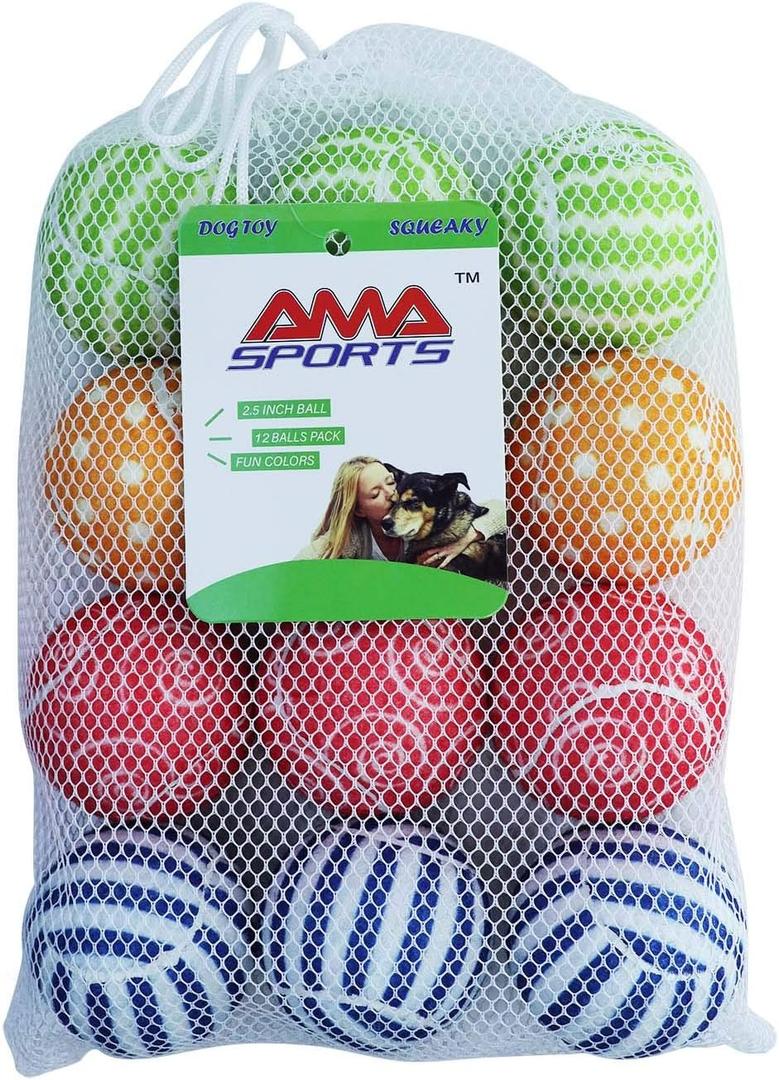 AMA SPORT Squeaky Tennis Balls for Dogs 12 Pack 2.5" Squeaky Tennis Balls for New Puppy Small Medium Dog Toys for Fetch, Exercise, Outdoor Play (Squeaky-Multi Colors)