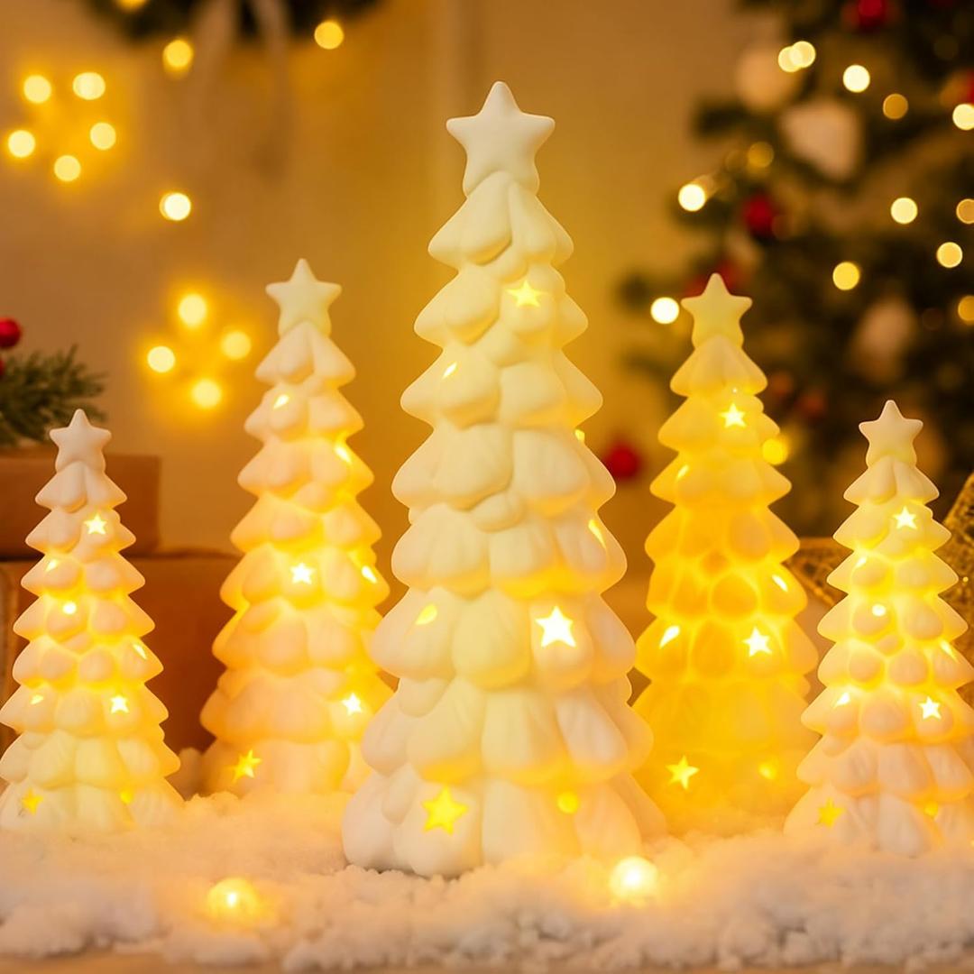 5 Pcs White Ceramic Christmas Trees Tabletop 6" 7.9" 9.8" Tall LED Lighted up Xmas Tree Ceramic Pine Christmas Snowy Decor for Holiday Winter Home Fireplace Gift