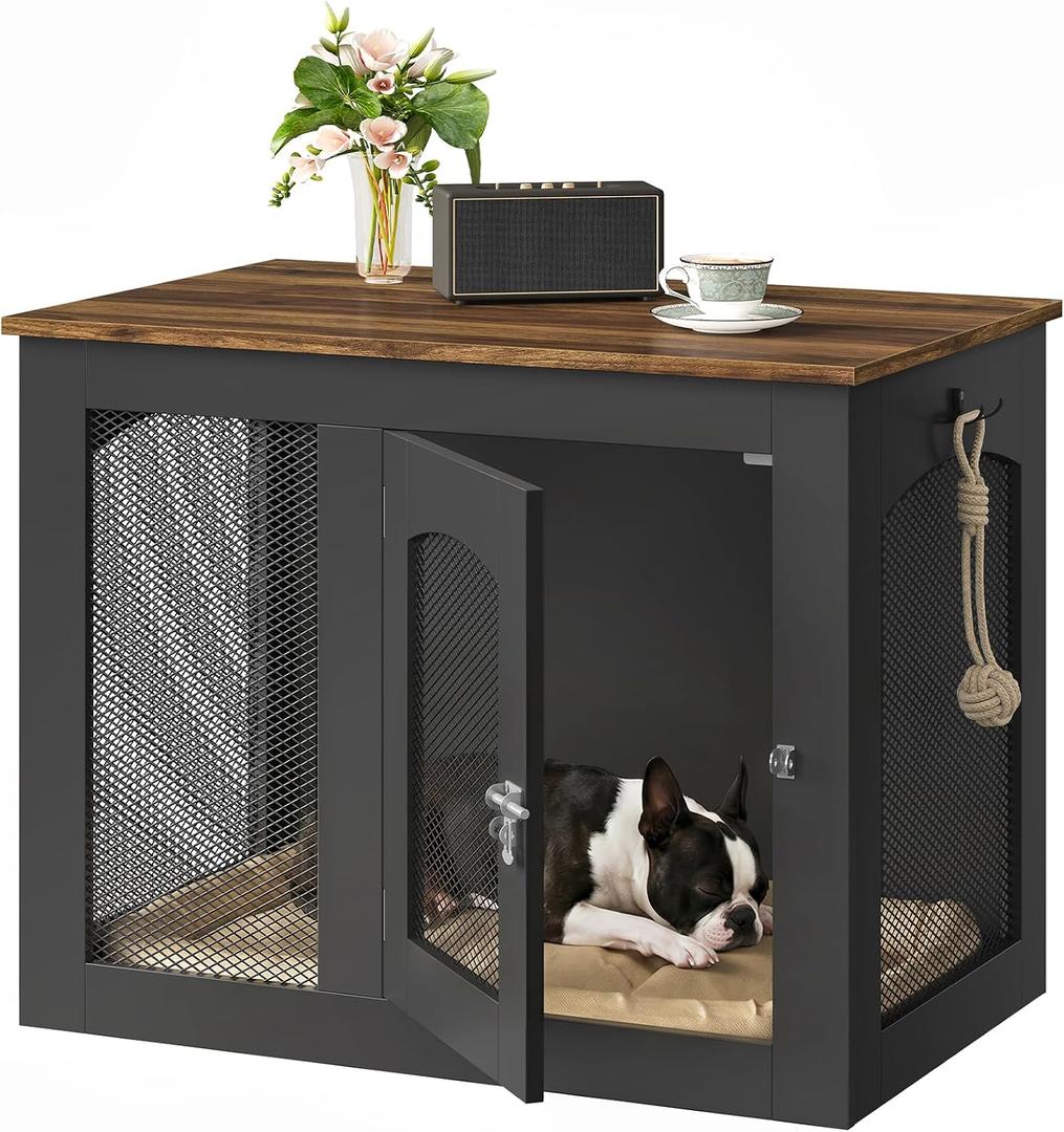 CHOEZON Wooden 30.1" Dog Crate Furniture, Farmhouse Pet Cage End Table with Secure Lock, Ventilated Mesh for Medium Dogs, Dog Kennel Furniture for Living Room, Bedroom, Black and Walnut MGW02BL