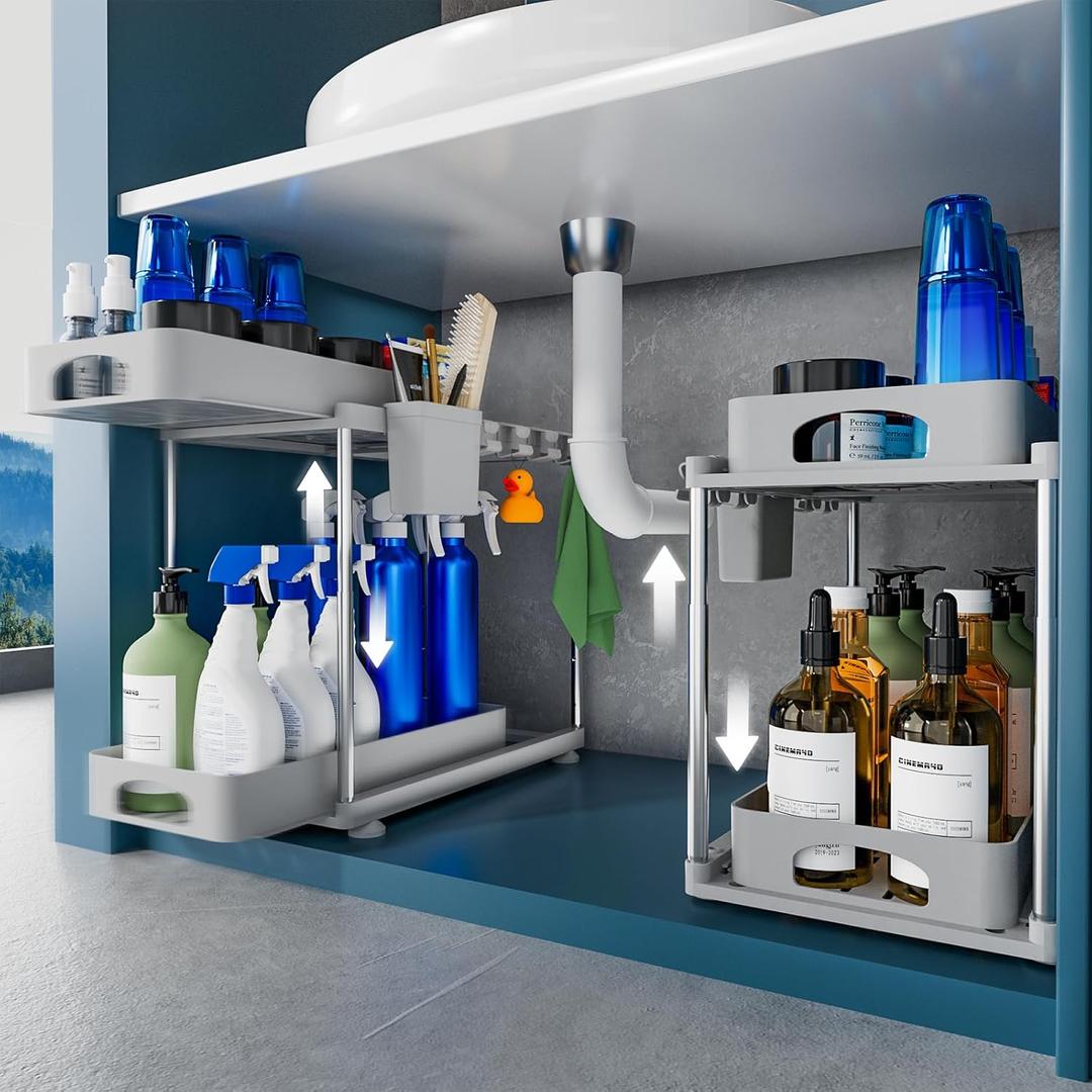 Under Sink Organizers and Storage, 2 Pack Under Kitchen Bathroom Sink Organizer, 2 Tier Under Cabinet Pull Out Storage, Adjustable Under Counter Storage Organizer, Gray, VF-PO01-GY