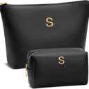 Mom Gifts| Initial Makeup Bag Set for Women Girls Personalized Gifts for Bridesmaid Teachers Graduation Friend Female PU Leather Cosmetic Travel Toiletry Bag(Black,S)