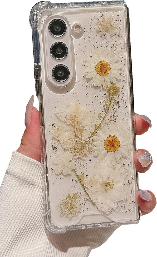 for Galaxy Z Fold 6 Case,Cute Soft Pressed Dry Real Flower Floral Flexible Glitter Slim Women Girl's Protective Phone Cover (Clear)