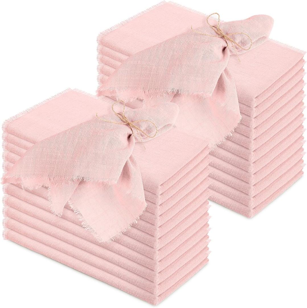Preboun 24 Pcs Fringe Napkins Bulk Cloth Cotton Soft 17 x 17 Inch Rustic Reusable Washable Festive Square Table Napkins with Fringe for Parties Wedding Restaurant Table Accessory (Dusty Rose)