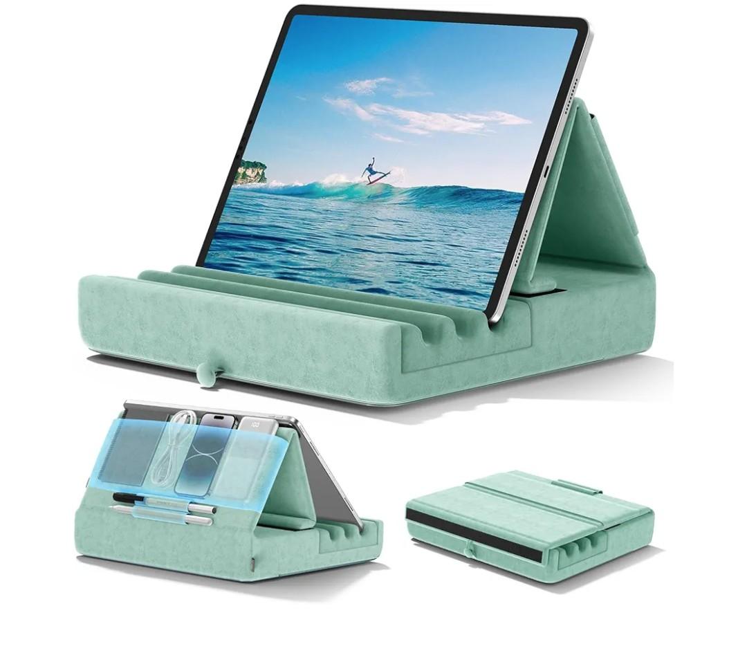 KDD Tablet Pillow Holder, Foldable iPad Stand for Lap, Bed and Desk -Tablet Soft Pad Dock with Pocket & Stylus Mount Compatible with iPad Pro 12.9, 10.5, 9.7 Air Mini 6 5 4 3, E-Reader