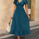 BTFBM Womens Summer Dresses 2026 Casual Short Sleeve V Neck Drawstring Wedding Guest Maxi Dresses Boho Beach Long Dress (XL)