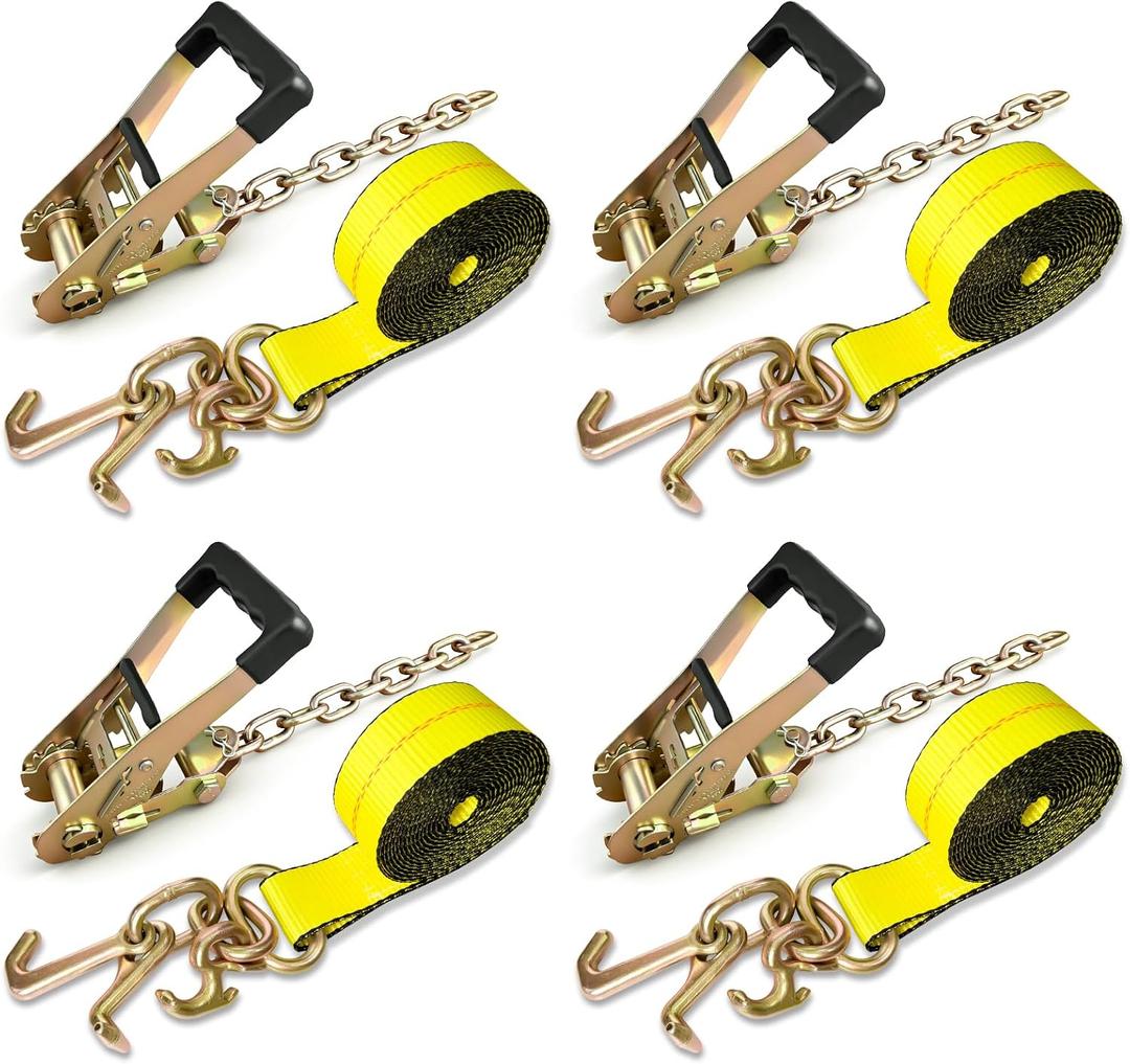 4PCs Towing Recovery Winch Strap w/RTJ Cluster Hook 2" x12', with 4PCs Ratchet Chain Tail, 10000LBS Recovery Towing Truck Straps, Towing Truck Car Trailer Winch Wrecker Tie Down Straps