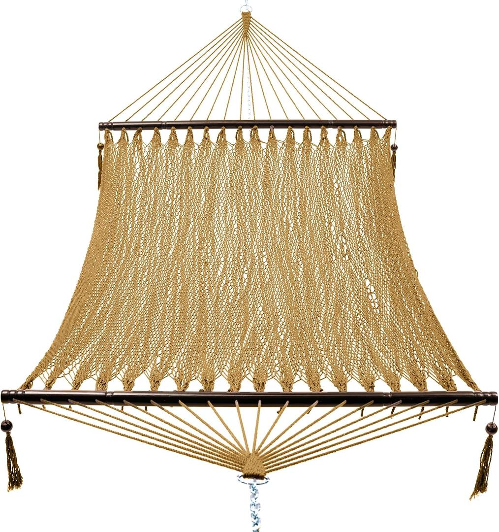 PNAEUT 2 Person Caribbean Rope Hammocks for Outside, 12ft Handwoven Polyester Double Hammock with Spreader Bar for Outdoor Indoor, Max 600 lbs Capacity (Tan)