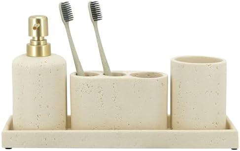 ZCCZ -Beige Bathroom Accessories Set 4 Pcs - Toothbrush Holder, Soap Dispenser, Vanity Tray, Bathroom Tumbler - Countertop Vanity Organizer - Bathroom Accessory Set- Toothbrush Holder Set, Stone Sets