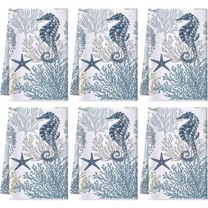 Preboun 6 Pcs Coastal Beach Kitchen Towels Coastal Hand Towels for Bathroom 17 x 26 Inch Ocean Theme Party Beach Dishcloth Set Sea Seashell Coral Starfish Bath Decorations for Cooking Kitchen Bathroom