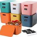 Thyle 6 Pcs 14 In Colorful Plastic Storage Bins 6 Colors Stackable Large Capacity Plastic Desktop Storage Box with Handles Lids, Labels and Marker for Office Classroom Cabinet(14 x 10 x 9 Inch)