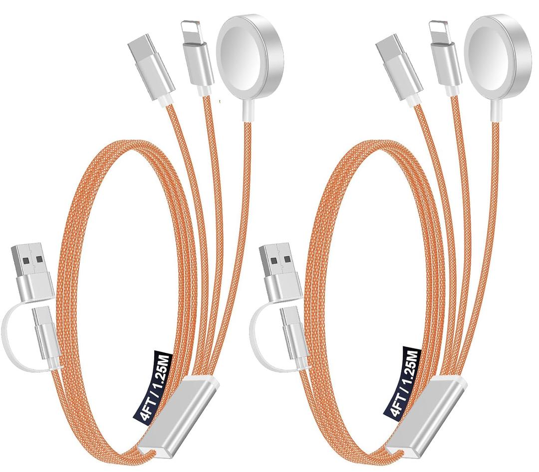 2Pack Multi Charging Cable Cord for Travel Essentials,Apple Watch Charger,iPhone Charger,[3-in-2] Type C/L Cable Portable Designed for iWatch,iPhone 17-8,Galaxy S25-21,AirPods,iPad-4FT Orange